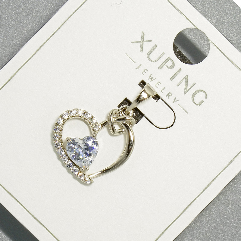 Pendant "Heart" Xuping with white crystal and rhinestones, diameter 15.5×16 mm, length 22 mm, rhodium plated