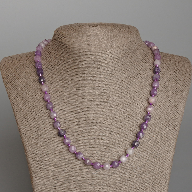 Lepidolite Necklace natural stone, faceted cube shape, 7mm diameter, length 50cm