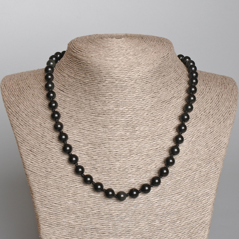 Necklace of Silvery Obsidian natural stone smooth bead, diameter 8mm+-, length 49cm+