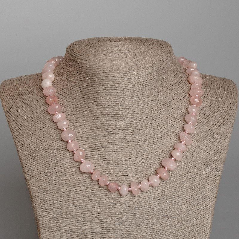 Necklace of Pink Quartz Natural Stone Tumbled Beads, 11×6 mm, length 46 cm
