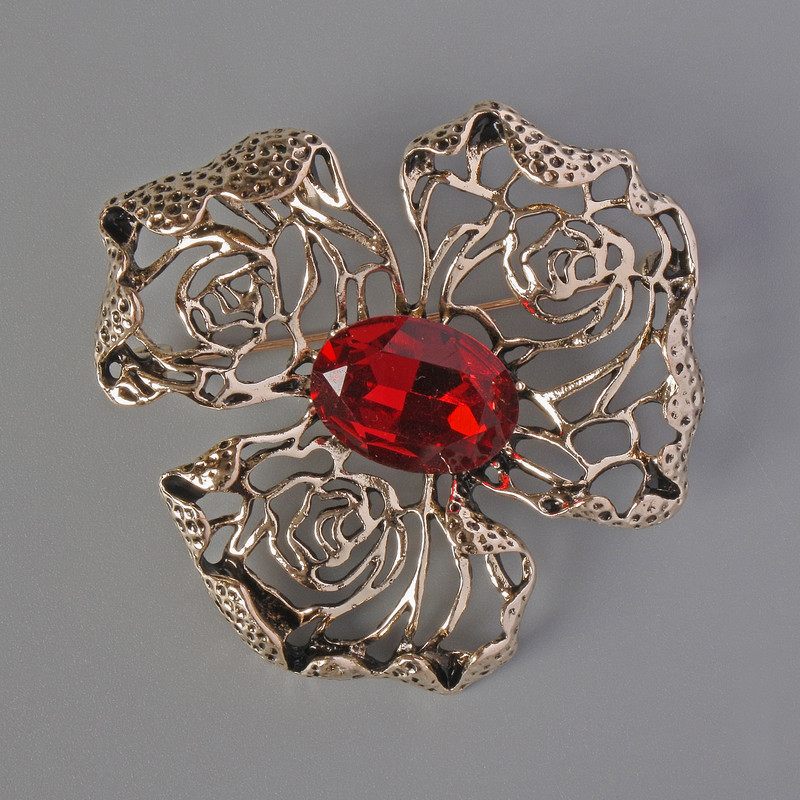 Brooch Pendant Flower Red Crystal Silver-tone Metal 52x52mm