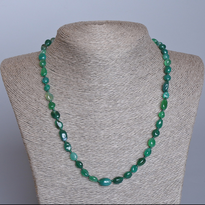 Green Agate Necklace of Natural Stone Beads, tumbled round 6×8mm, length 48cm