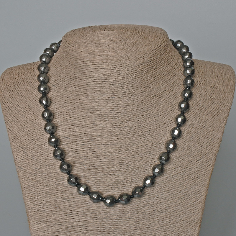 Hematite Bead Necklace with Faceted Balls, diameter 10mm ±, length 48in ±