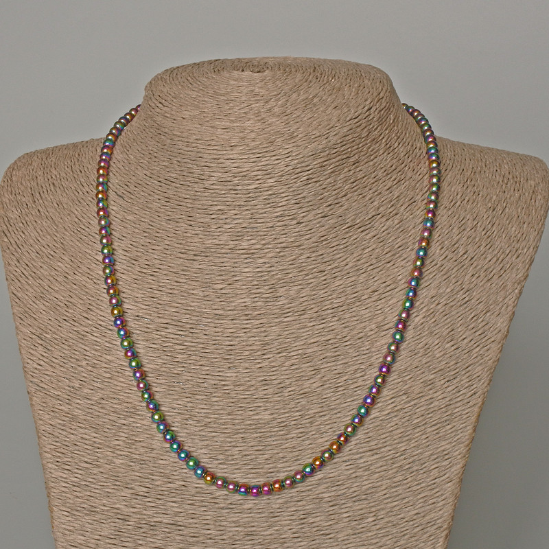 Hematite Bead Necklace with Rainbow Finish, smooth round beads Ø 4mm±, length 48cm±