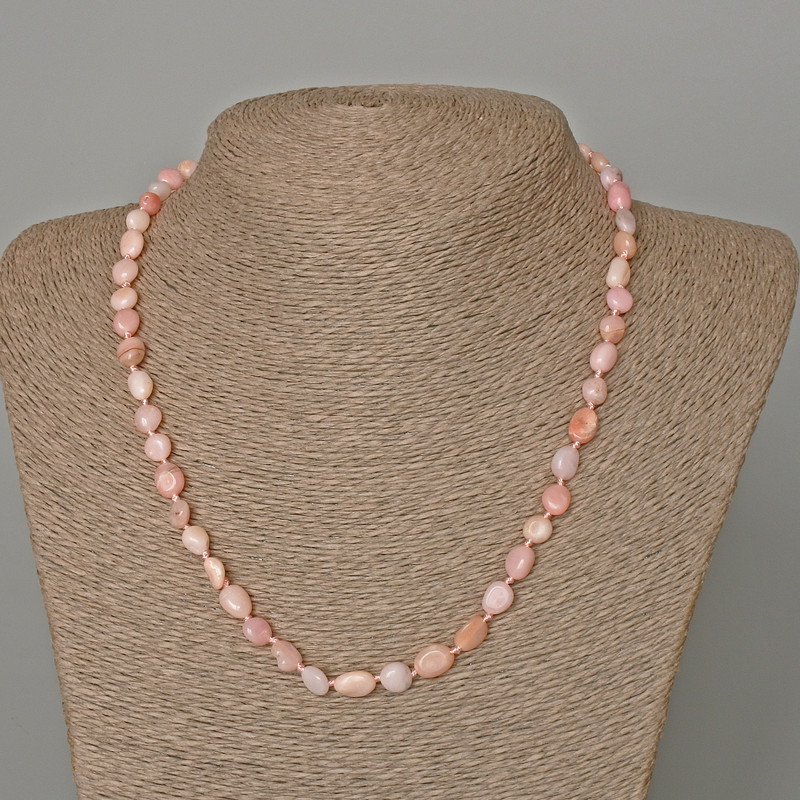 Necklace of Pink Opal Natural Stone Bead Tumbled, 6x8mm, length 49cm