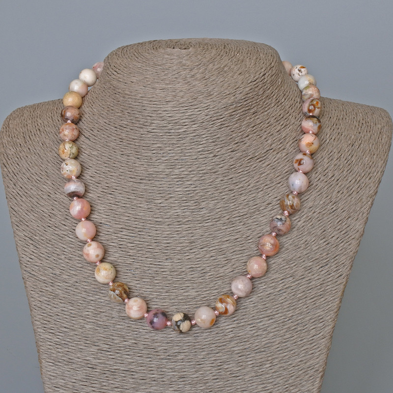 Necklace Pink Opal Natural Stone Smooth Bead, 10mm diameter, length 47cm