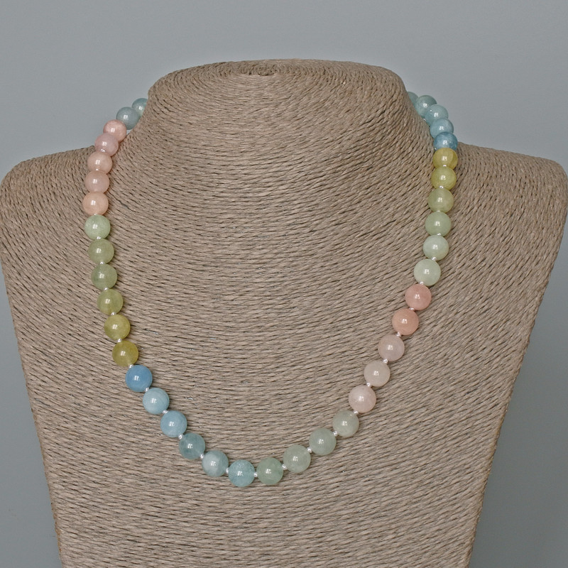 Morganite Necklace with Natural Stone, Smooth Beads, 8.5 mm dia, length 48 cm