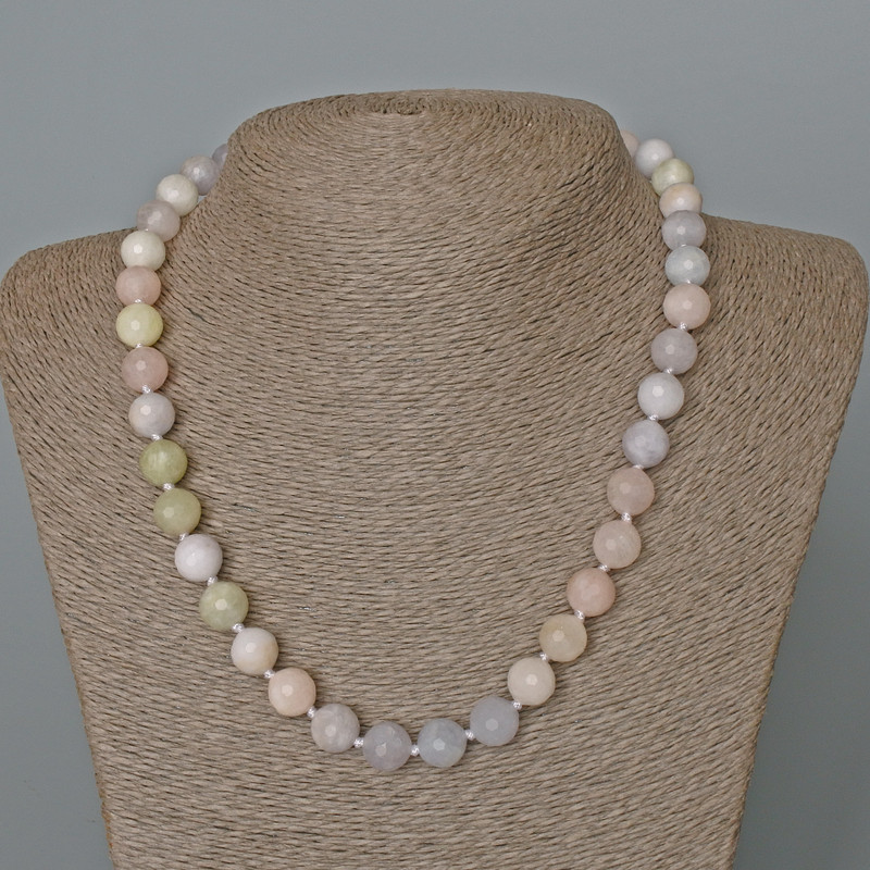 Morganite Necklace with Natural Stone, faceted beads, 10mm diameter, length 49cm