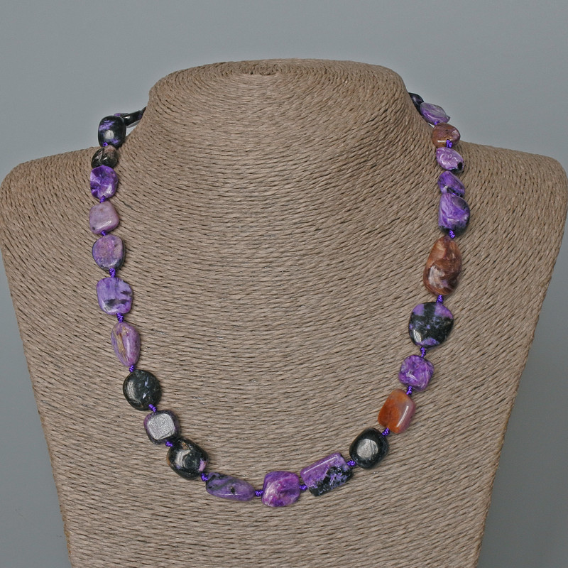 Charoite Necklace, natural stone, faceted beads, 11×14 mm, length 49 cm