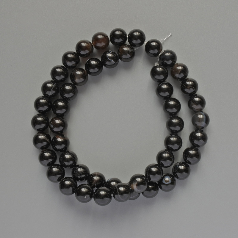 Agate Beads, black natural stone, smooth round beads 8mm diameter, 38cm length on fishing line