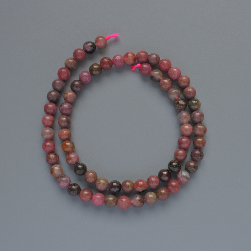 Rhodonite Beads Natural Stone Smooth Round 6mm Diameter, 38cm Length on Thread