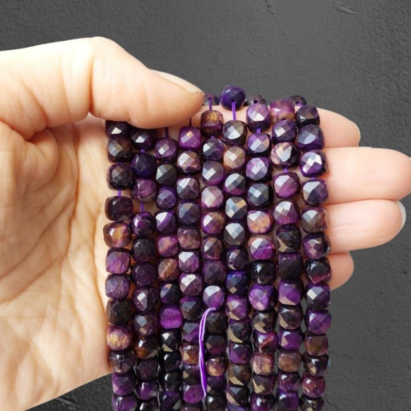 Purple Tiger Eye Beads, Faceted Cubes, Natural Stone, 7mm Ø, 39cm String
