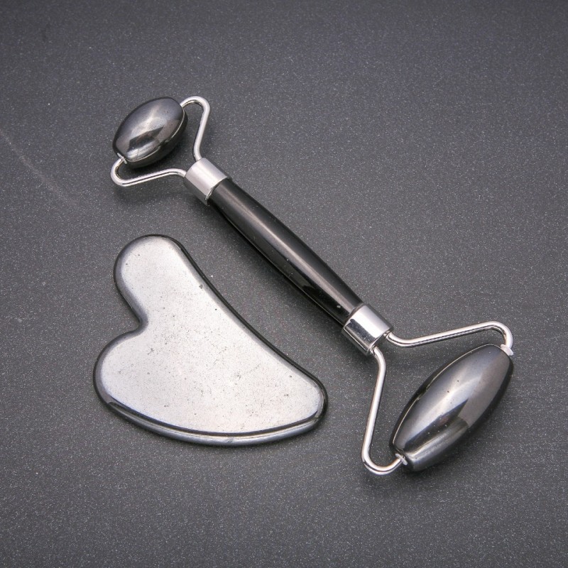 Massage Set with Hematite Roller and Gua Sha, natural stone, length ~14 cm, silver metal