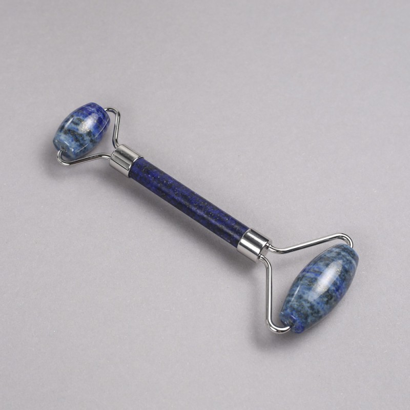 Roller massage tool with Lapiz Lazuli stone, double-sided, length 14.5 cm, silver metal