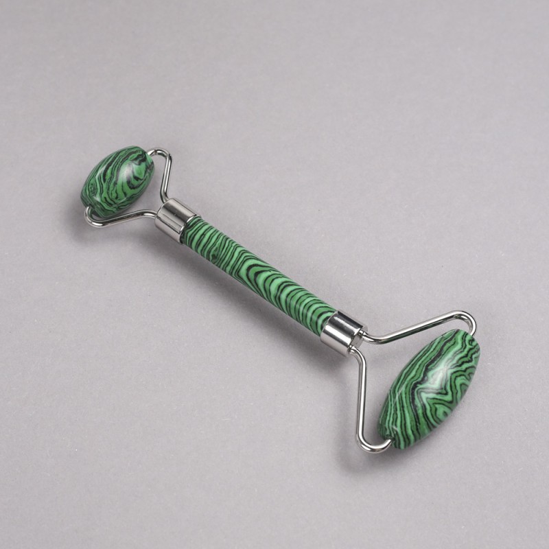 Oval roller massager with Malachite, double-sided, length 14.5 cm, silver metal