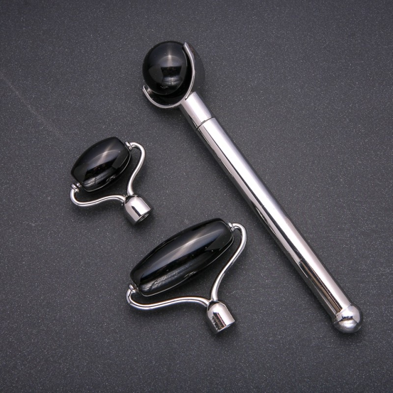 Agate Massager set with 3 attachments in silver metal