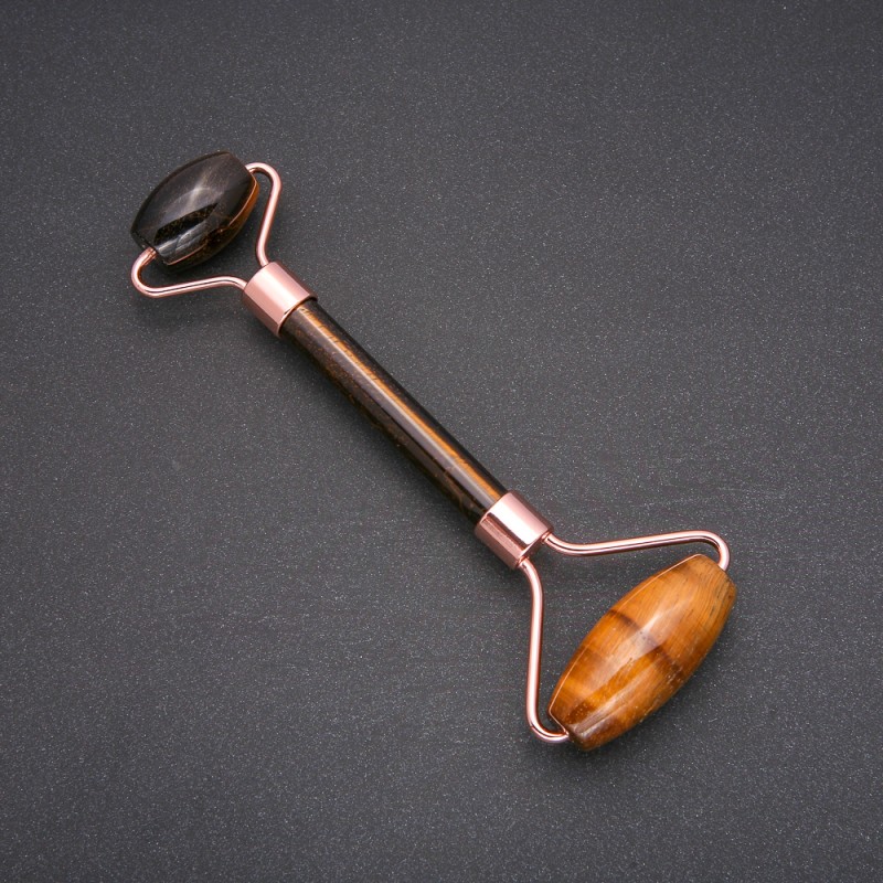 Rolling Stone Massager Tiger's Eye, golden metal, length 14.5 mm