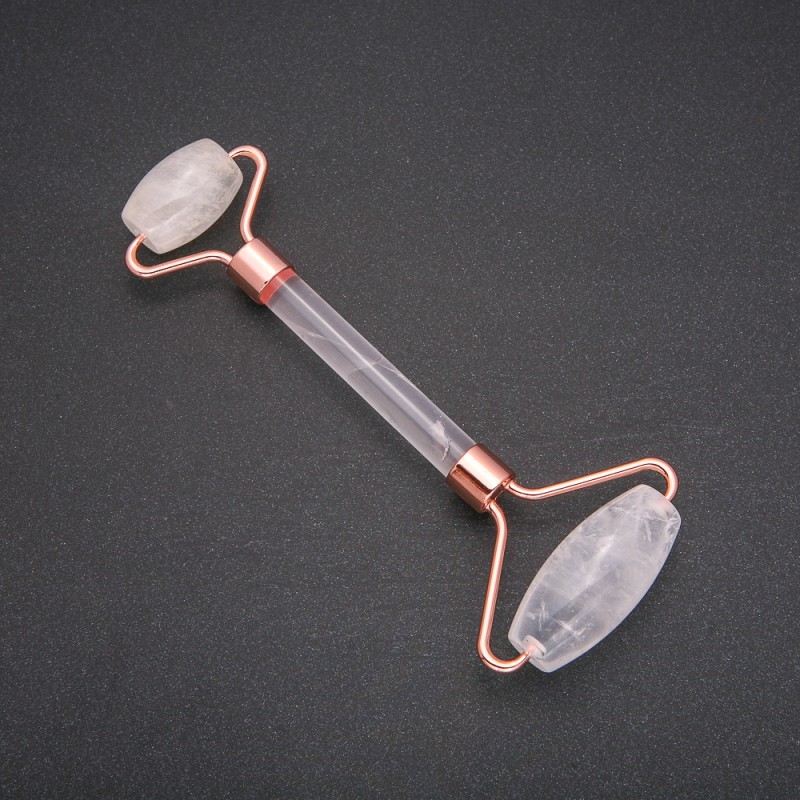 Roller Massager Made of Natural Stone Mountain Crystal, 14.5 cm, copper metal color