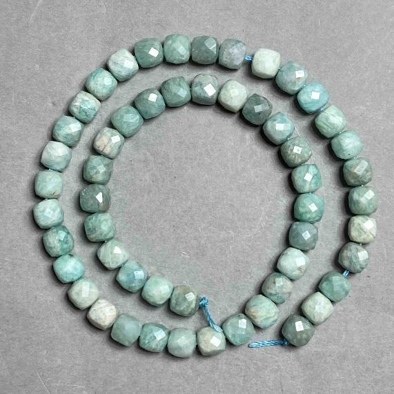 Amazonite Beads, Natural Stone, Faceted Cube, 7mm dia., 38cm length on thread