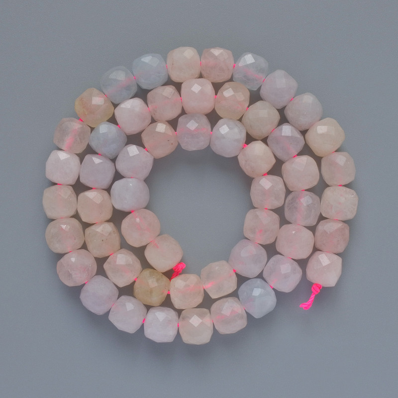 Morganite Beads natural gemstone faceted cube, 7.5 mm diameter, length 38 cm on a thread