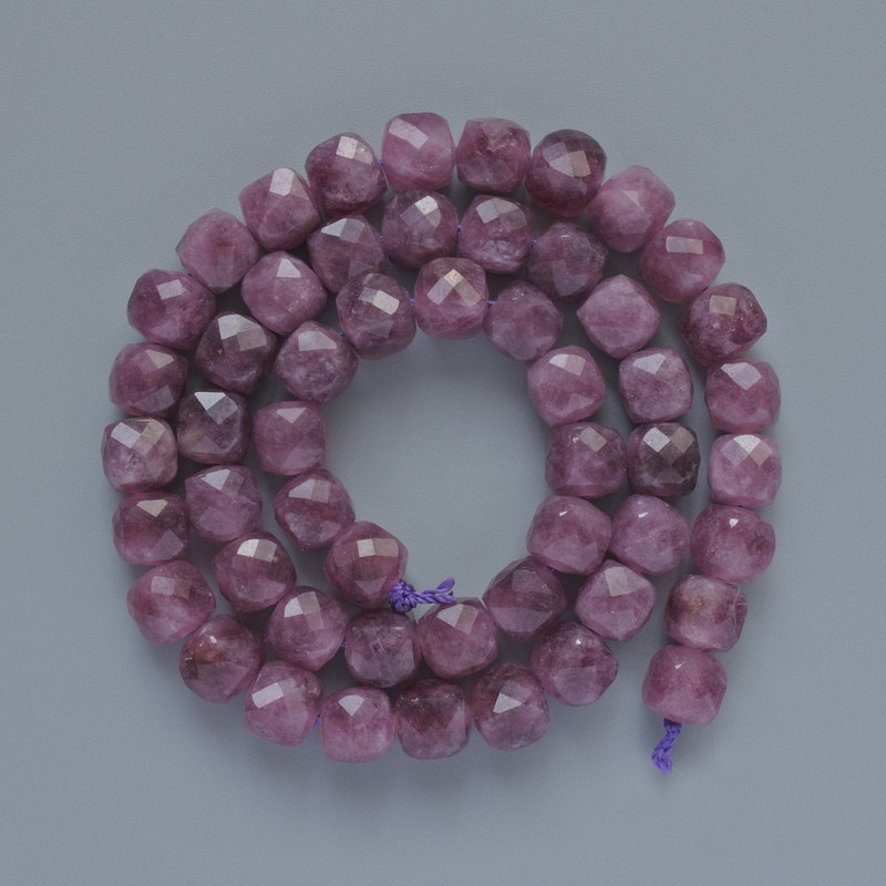 Tourmaline Rubellite Beads, natural faceted cube gemstone, diameter 7mm±, length 38cm± on thread