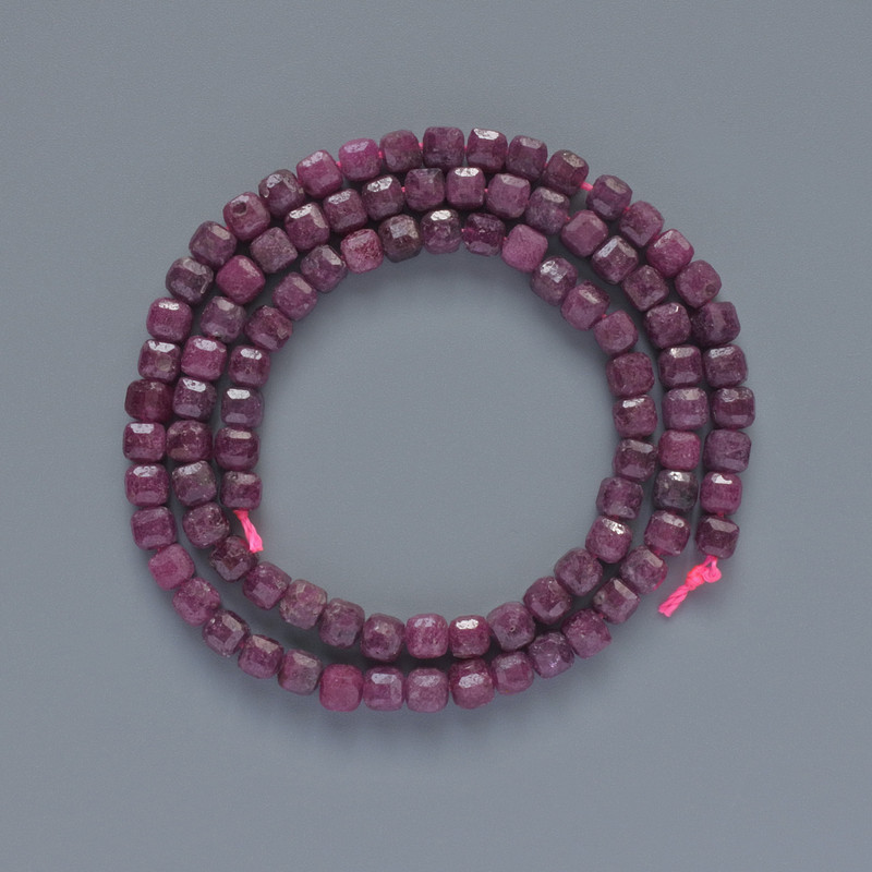 Ruby Beads Natural Stone Faceted Cube, 4mm±, 38cm±length on thread