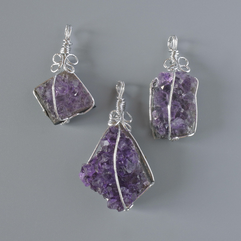 Amethyst Druzy Pendant in Silvered Setting, Natural Stone, Assorted Sizes from 16x38mm to 28x44mm+