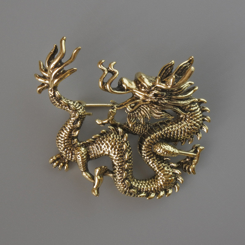 Brooch Pendant Dragon Golden Metal 44x37mm