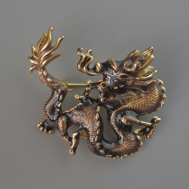 Brooch Pendant Dragon Brown Enamel, Gold-Toned Metal 44x37mm