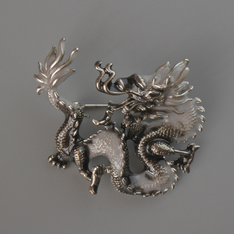 Brooch Pendant Dragon Black and Gray Enamel, Silver Metal 44x37mm