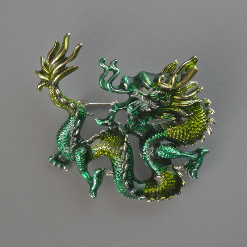 Brooch Pendant Dragon green enamel and light green enamel, silver metal 44x37mm