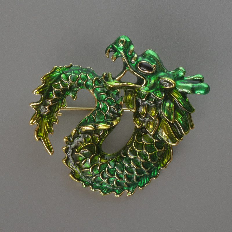 Brooch Pendant Dragon green enamel and olive enamel, golden metal 42x42mm