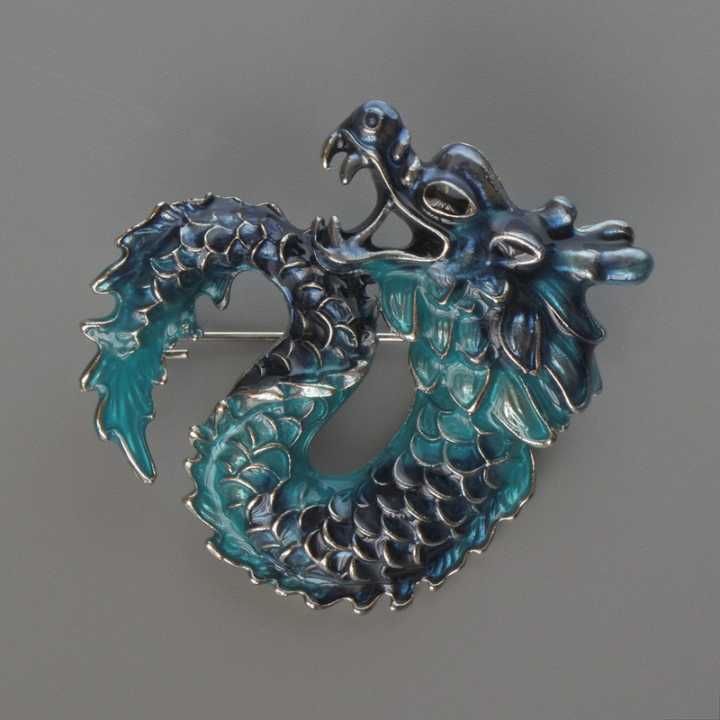 Brooch pendant Dragon blue enamel and blue enamel, silver-metal 42x42mm