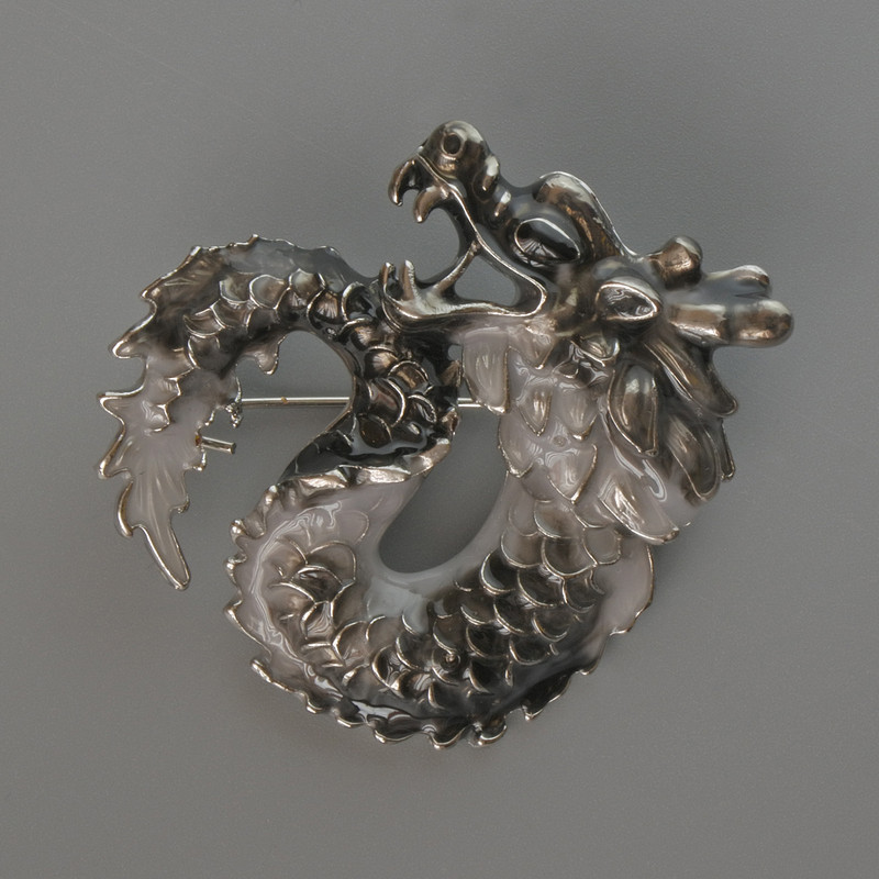 Brooch Pendant Dragon Black and Gray Enamel, Silvered Metal 42x42mm