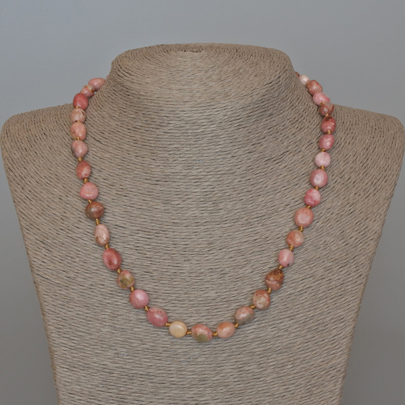 Rhodonite Necklace Natural Stone Beads Faceted, diameter 8x10mm,+- length 49cm+-