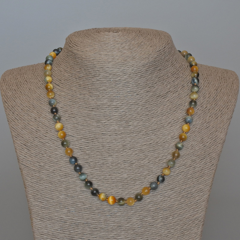 Cat's Eye Yellow-Grey Natural Stone Bead Necklace, smooth round beads, 6.5 mm diameter, length 49 cm ±