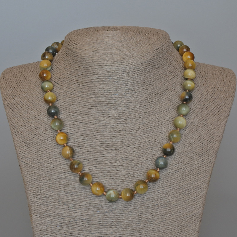 Cat's Eye Necklace Yellow-Gray Natural Stone Smooth Bead, diameter 10.5mm, length 49cm