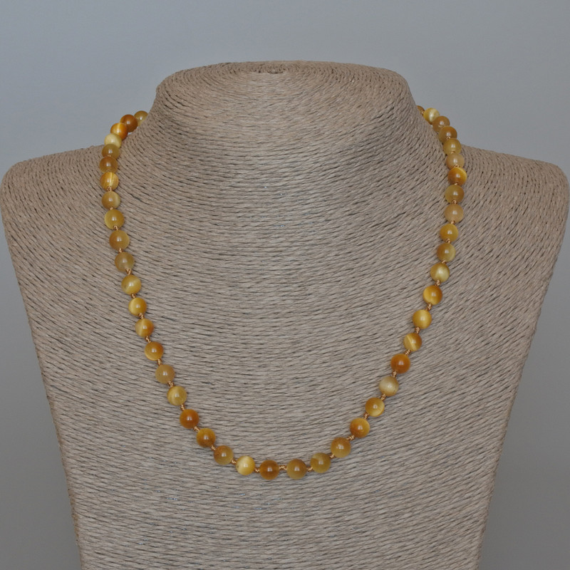 Necklace of Yellow Cat's Eye Natural Stone Smooth Beads, 6.5 mm diameter, length 49 cm