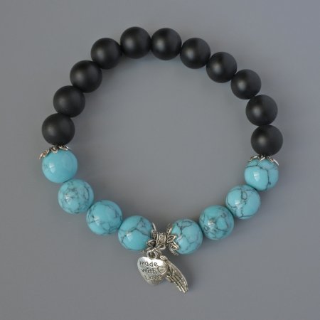 Shungite and Turquoise Bracelet (individual) smooth bead, 10mm diameter ±, length 18cm ± with metal inlays (stretch)