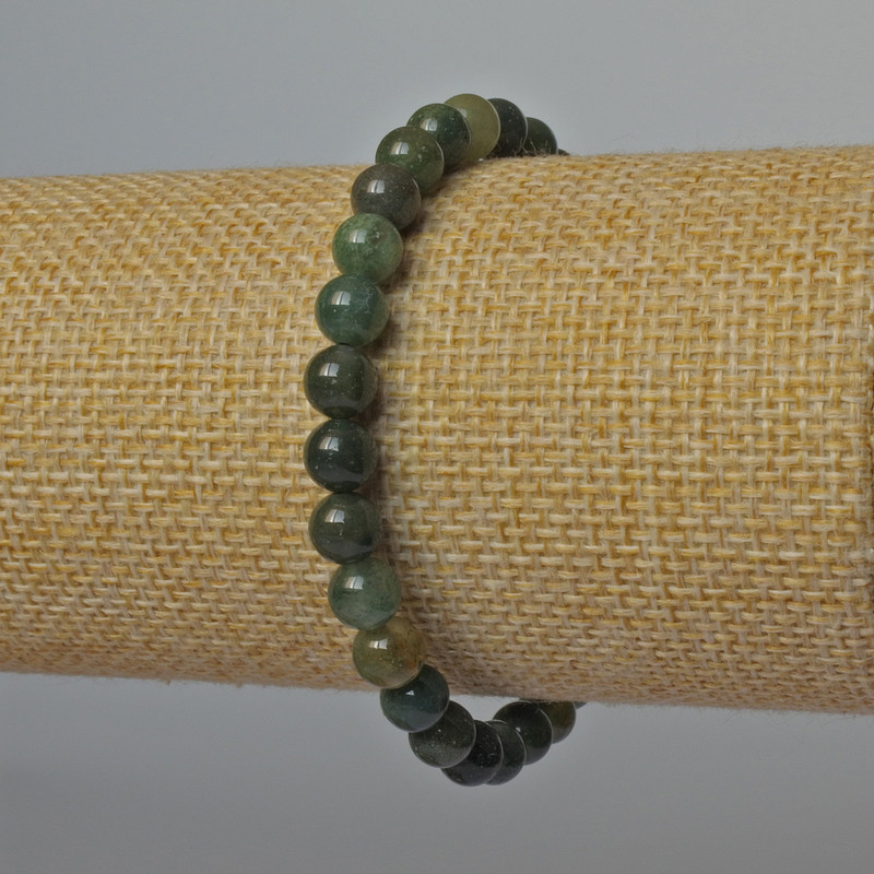 Bracelet Mossy Agate natural stone smooth bead, diameter 6mm±, length 18cm± (stretch)