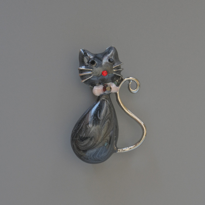Brooch Pendant Cat Black Pearlized Enamel with Rhinestones, Crystals, Silver Metal 25x39mm