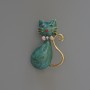 Brooch Pendant Cat Dark Green Pearl-Glazed Enamel with Sparkles, Rhinestones, Gold-Toned Metal 25x39mm