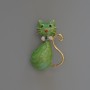 Brooch Pendant Cat green mother-of-pearl enamel with rhinestones, crystals, golden metal 25x39mm