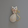 Brooch Pendant Cat White Pearl Enamel with Rhinestones, Gold-toned Metal 25x39mm