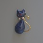 Brooch Pendant Cat Blue Pearlized Enamel with Rhinestones, Crystals, Gold-Toned Metal 25x39mm