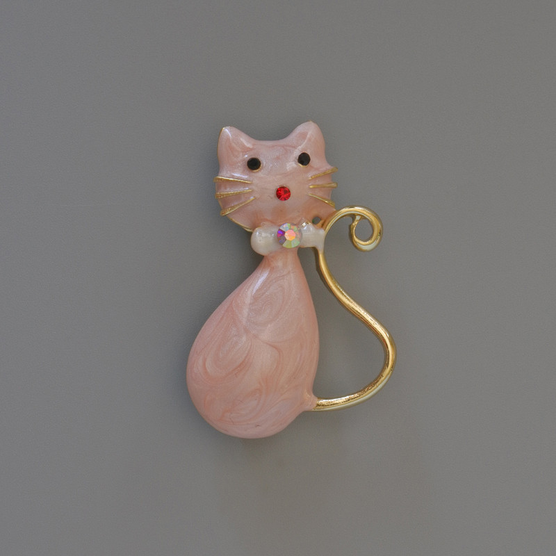 Brooch Pendant Cat Pink Pearlescent Enamel with Rhinestones, Crystals, Golden Metal 25x39mm