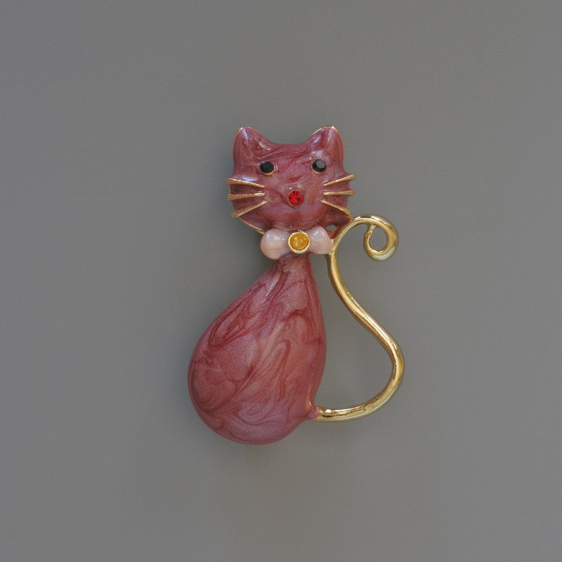 Brooch Pendant Cat Red Enamel with Pearlescent Glitters, Rhinestones, Gold-tone Metal 25x39mm