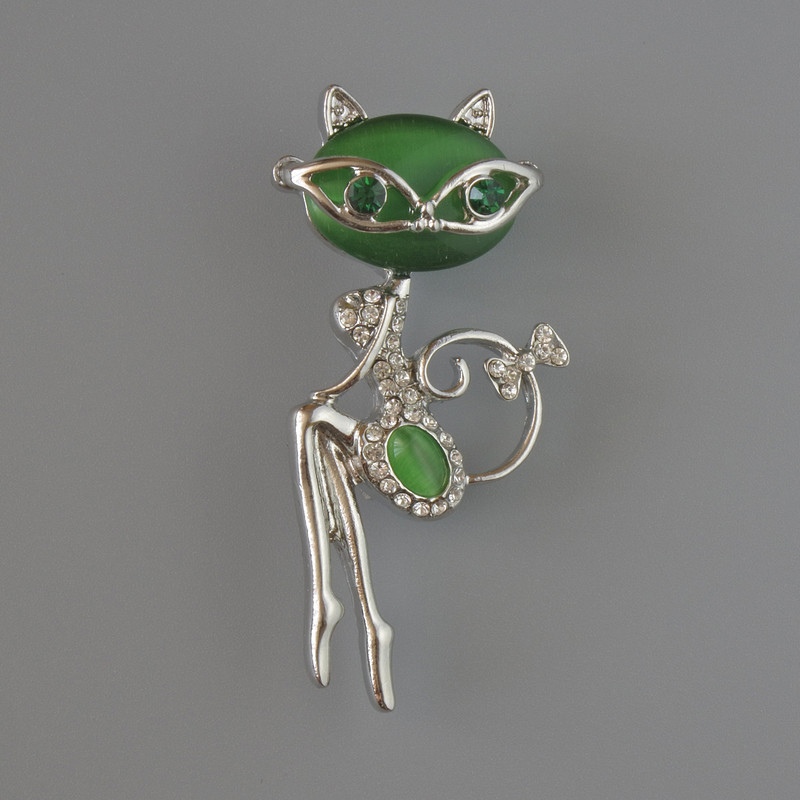 Brooch Pendant Kitty with Green Cat's Eye, green and white crystals, silver metal 23x52mm