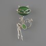 Brooch Pendant Kitty with Green Cat's Eye, green and white crystals, silver metal 23x52mm