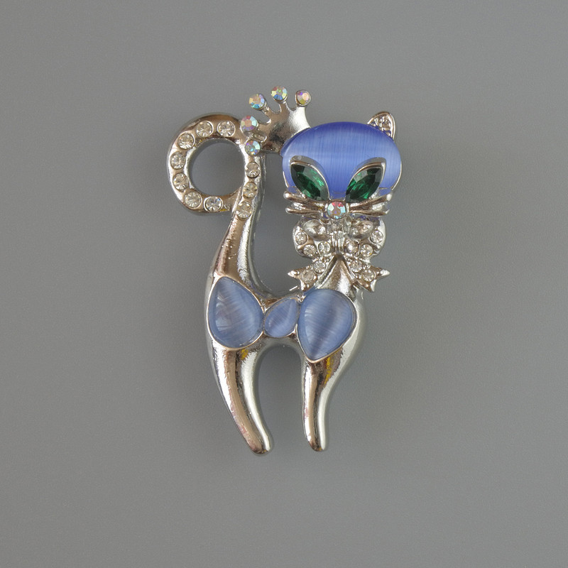 Brooch Pendant Cat Blue Cat's Eye, green crystals, pink and white rhinestones, silver metal 28x43mm
